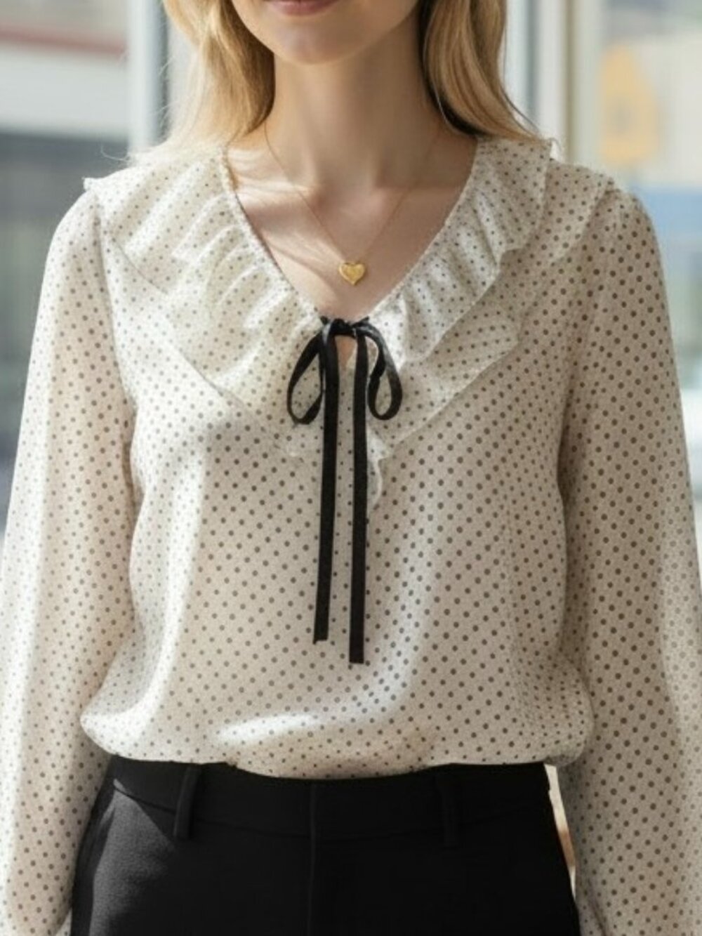 LOFT Ivory Black Polka Dot Ruffle Tie Neck Lined Blouse Women's Medium
